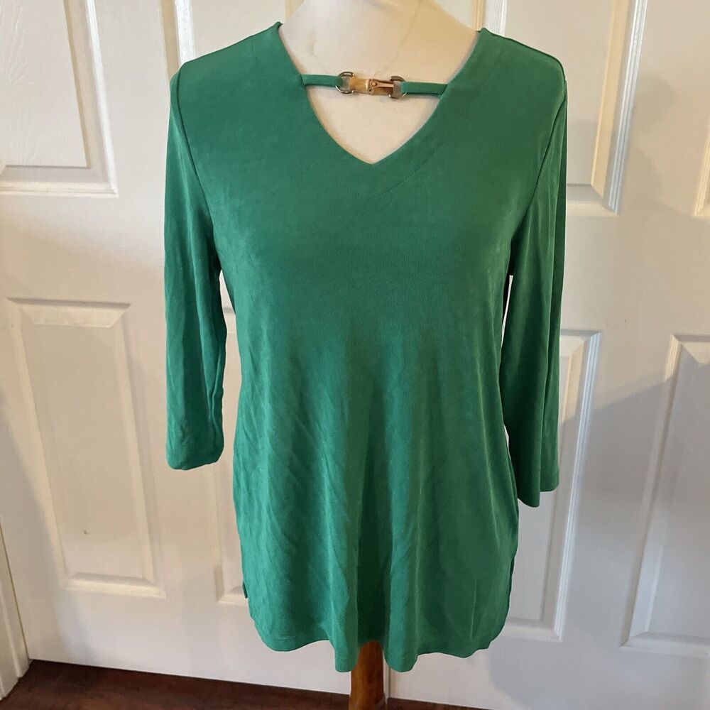 Travelers‎ Chicos Womens Pullover Tunic Top Size 1 US  8/10 Green Slinky V Neck